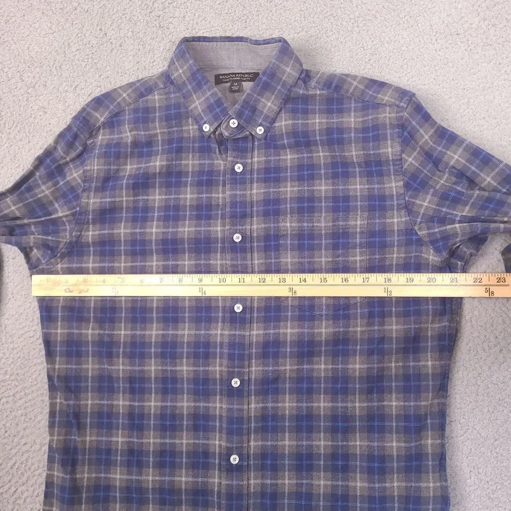 Banana Republic Luxe Flannel Shirt Mens Medium Blue Gray Plaid‎ Slim Fit Cotton
